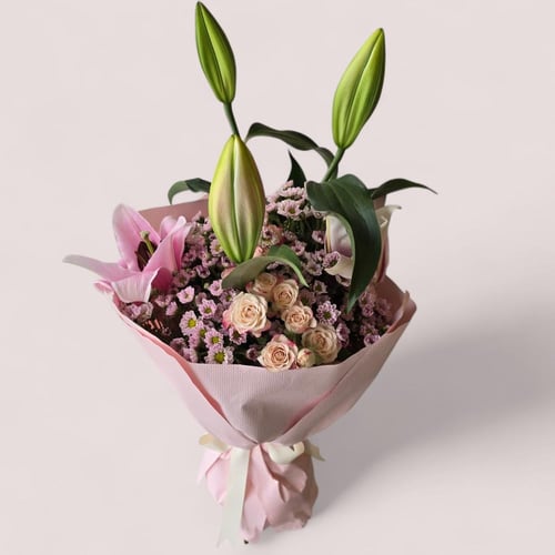 بوكية ورد الاقحوان و الكازا بتغليف وردي