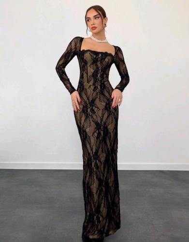 فستان أسود طويل صالح للحفلات Aloruh