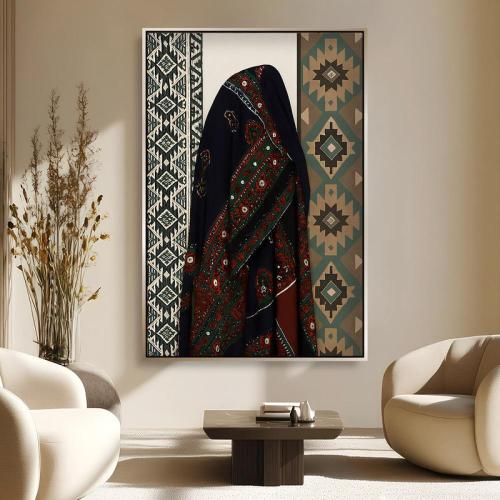 A heritage art panel with a black abaya and Arabic geometric decorations – canvas with MDF wooden frame