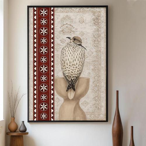 A artistic painting of a Saudi falcon on a perch with red Sadu decorations in a calm traditional style