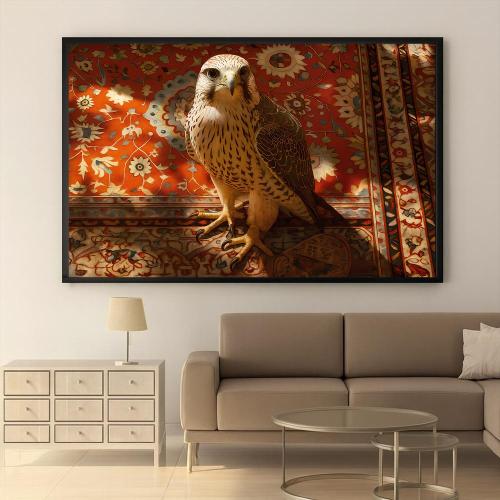 Wall art of an Arab falcon with traditional red decorations – canvas with MDF wooden frame (Landscape)