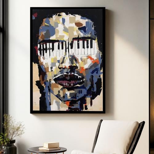 A fabric painting with an abstract art design