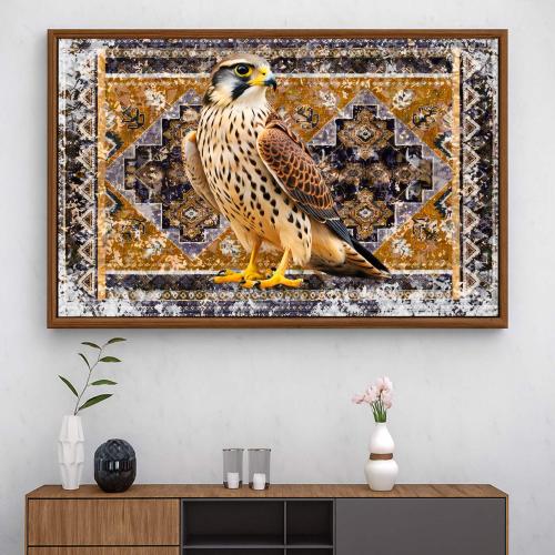 A fabric painting with traditional art design and a hollow frame