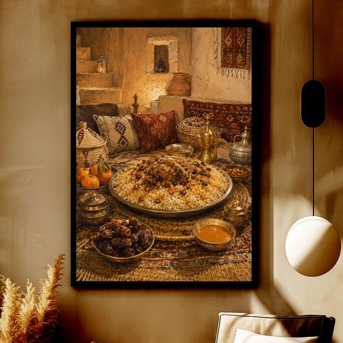 A fabric painting with traditional art design and a hollow frame