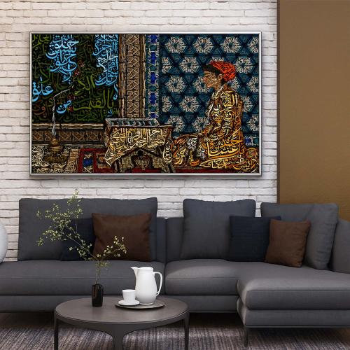 A fabric painting with traditional art design and a hollow frame