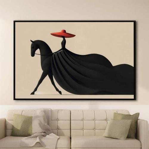 A fabric painting with a horse design and a hollow frame