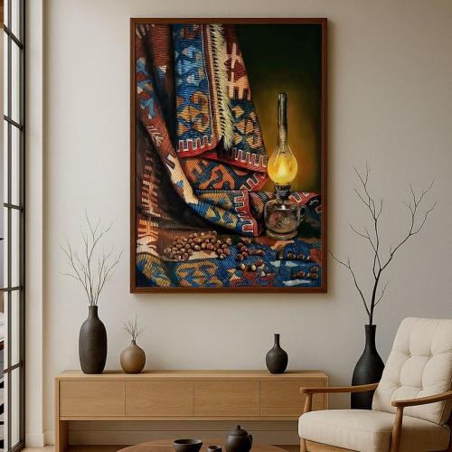 A fabric painting with traditional art design and a hollow frame