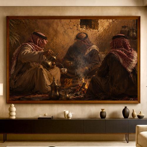 A fabric painting with traditional art design and a hollow frame