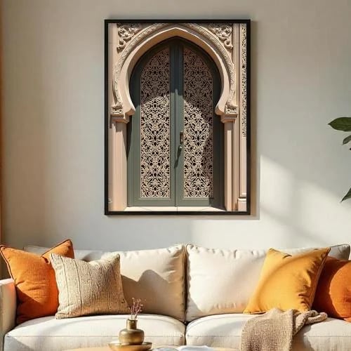 A decorative Islamic Arabic door art - a vertical design inspired by Islamic architecture on canvas with a MDF wooden frame