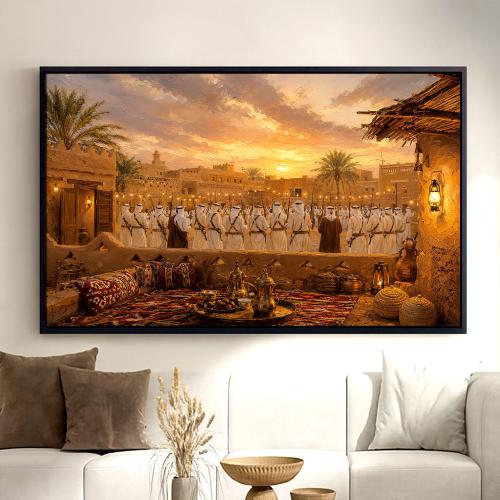 A fabric painting with traditional art design and a hollow frame