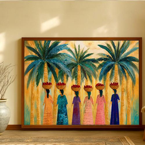 A fabric painting with traditional art design and a hollow frame
