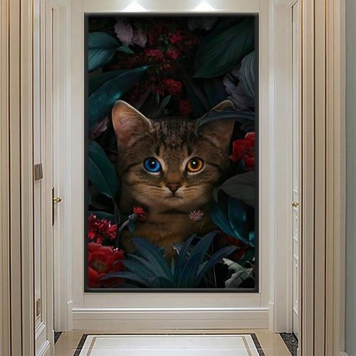 Canvas painting with a cat design and frame
