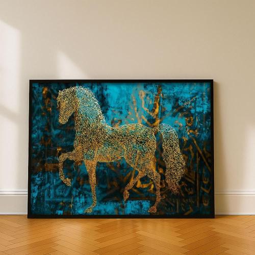 A artistic painting of a golden horse with an abstract blue composition and contemporary artistic texture