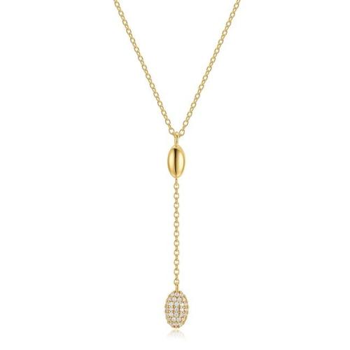 Women’s Necklace – Long Drop with Pavé Oval Stone – 925 Silver Gold Plated
