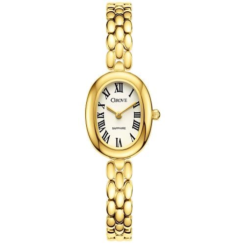 ساعة نسائية تصميم بيضاوي كلاسيكي ستانلس ستيل ذهبي...