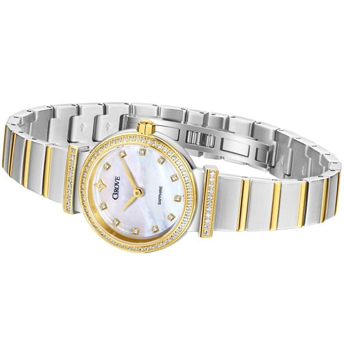 ساعة نسائية دائرية مرصّعة ستانلس ستيل ثنائي اللون...
