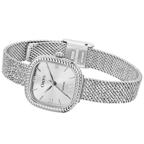 ساعة فضية مربعة مزخرفة ستانلس ستيل فضي سوار شبكي ف...