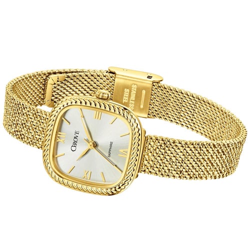 ساعة ذهبية مربعة مزخرفة ستانلس ستيل ذهبي سوار شبكي...