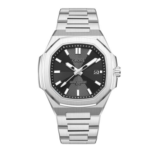 ساعة رجالية ميناء أسود وهيكل فضي ستانلس ستيل