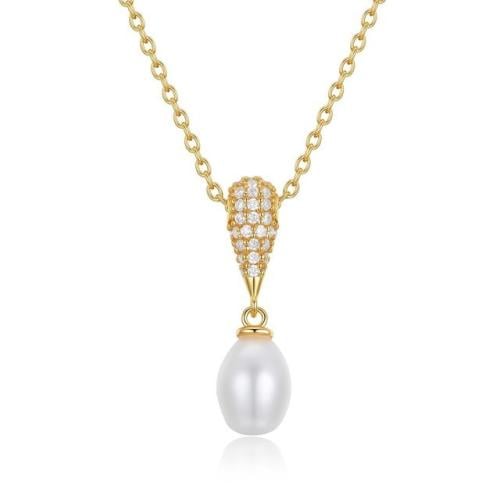 سلسال نسائي متدلٍ بتنسيق Pavé ولؤلؤة بيضاوية فضة 9...