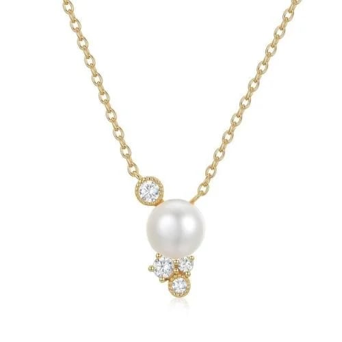 Women’s Necklace – Center Pearl with Balanced Crystal Setting – 925 Silver Gold Plate
