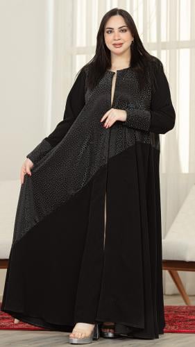 عبايه اسود كلوش واقفه بنص واكمام لماع وكتافات مع ا...