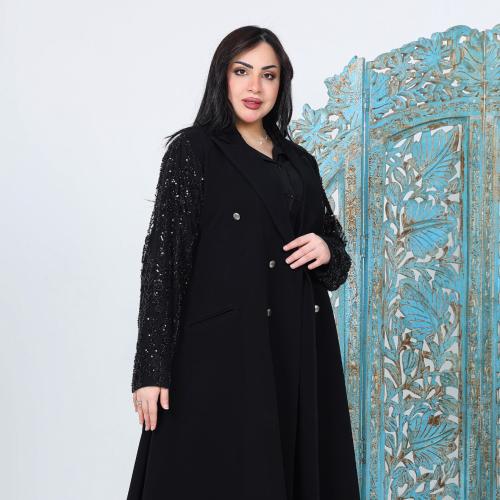 بليزر اسود دبل كلوش مع كتافات مع التل شك وتطريز وا...