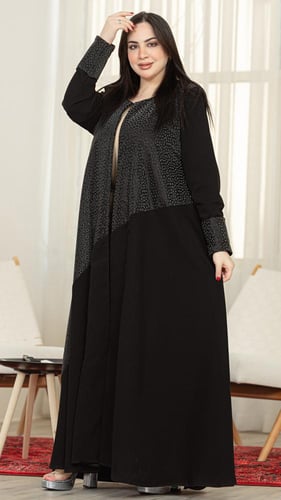 عبايه اسود كلوش واقفه بنص واكمام لماع وكتافات مع ا...