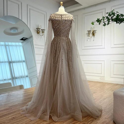 فستان سهرة فاخر كراميل كم طويل مطرز