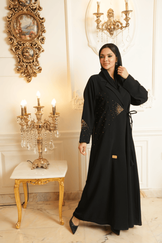 عباية كريب ياباني تطريز بالخرز الفرنسي بلون المشمش...