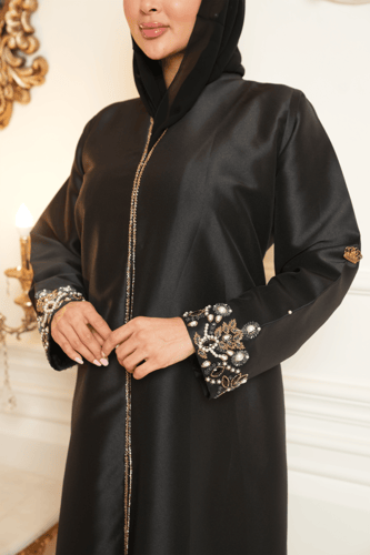 عباية اسود تفت إيطالي راقي مع تطريز على الأكمام وا...