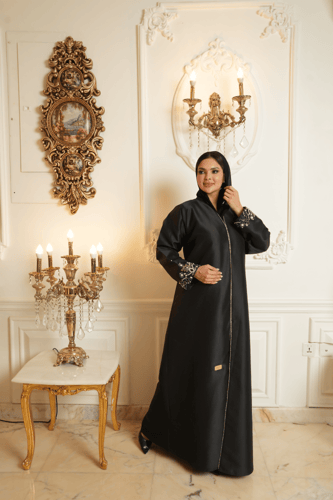 عباية اسود تفت إيطالي راقي مع تطريز على الأكمام وا...