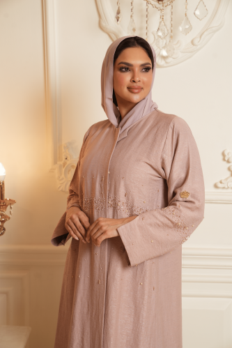 عباية لينن وردي بودري مع تطريز بنفس اللون X