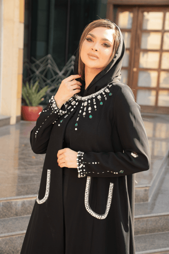عباية كريب فرنسي بموديل مميز وتطريز فصوص سوارفسكي