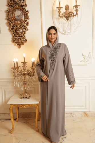 عباية رمادي كريب مخطط ناعم تطريز فخم فضي غامق على...