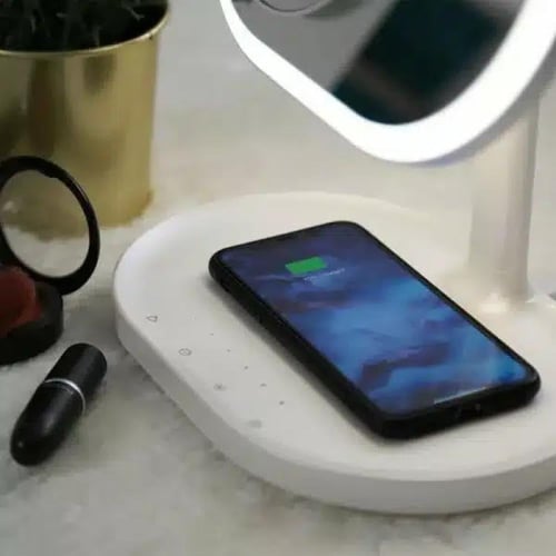 مرآة مع اضاءة و شحن لاسلكي ومكبر صوت بلوتوث من موم...