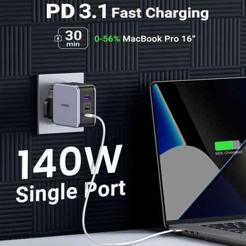 يوجرين شاحن جداري بمنفذين PD وبمنفذ USB بتقنية GaN...