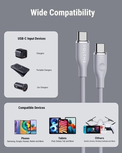 فولتمي كيبل شاحن ربل من USB-C إلى USB-C بطول 2 م و...