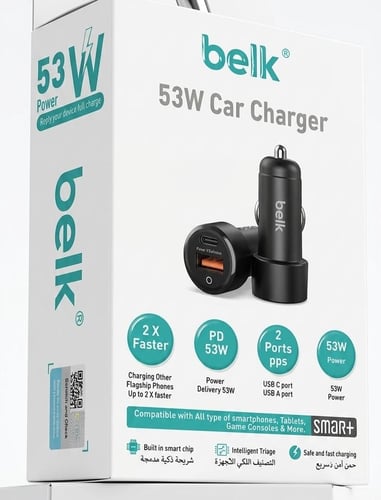 شاحن سيارة Belk بقوة 53 وات - بمنفذين (USB + PD) و...