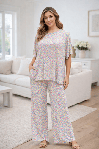 طقم بجامة نسائي قطني مزهر مريح – فري سايز