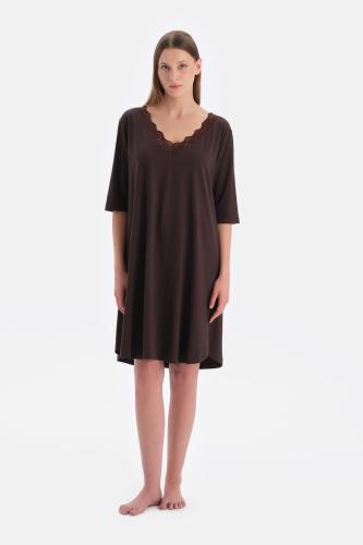 قميص نوم نسائي بني بدانتيل للراحة - Dagi - تركي أص...