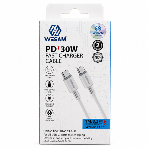 كيبل WESAM WM-0111CC USB-C إلى USB-C بقوة 30 واط