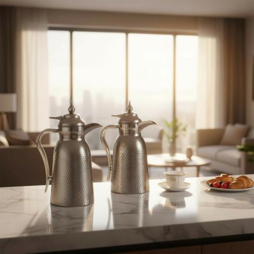 طقم ترامس فضي مطفي بمقبض شفاف