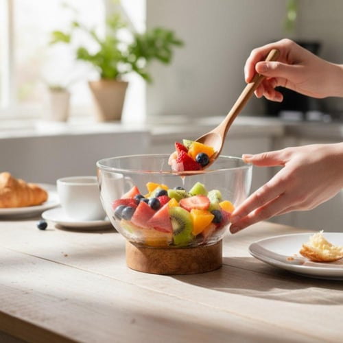 زبدية زجاج بقاعدة خشب هندي