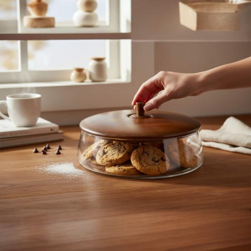 زبدية زجاج بغطاء خشب هندي بني غامق