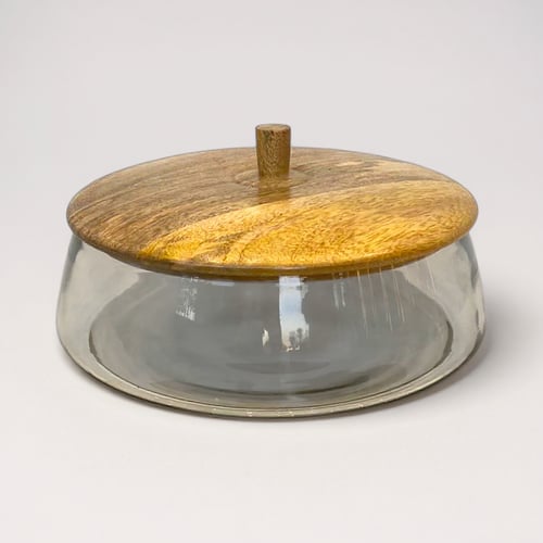 زبدية زجاج بغطاء خشب هندي بني فاتح