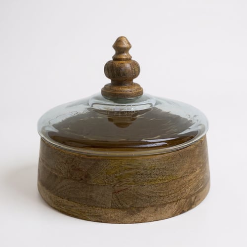 زبدية زجاج بغطاء خشب هندي بني فاتح