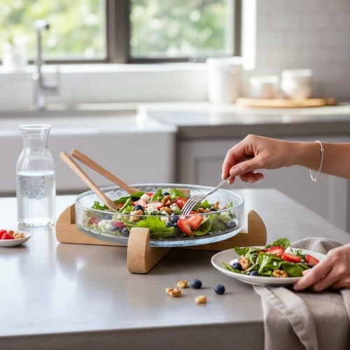 صحن زجاج بقاعدة خشب هندي