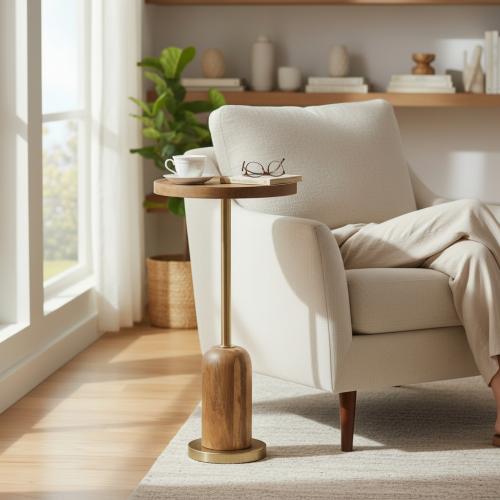 طاولة خدمة خشب بقاعدة حديد ذهبي