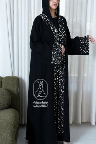عبايه نص كلوش على لول وكرستال بالامام والكم-835